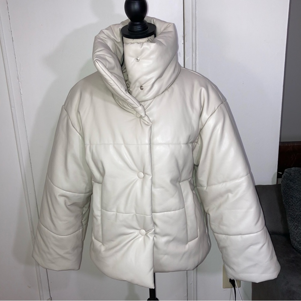 Faux Leather Cream Puffer Jacket High Neck Funnel Neck Coat - Picture 4 of 17